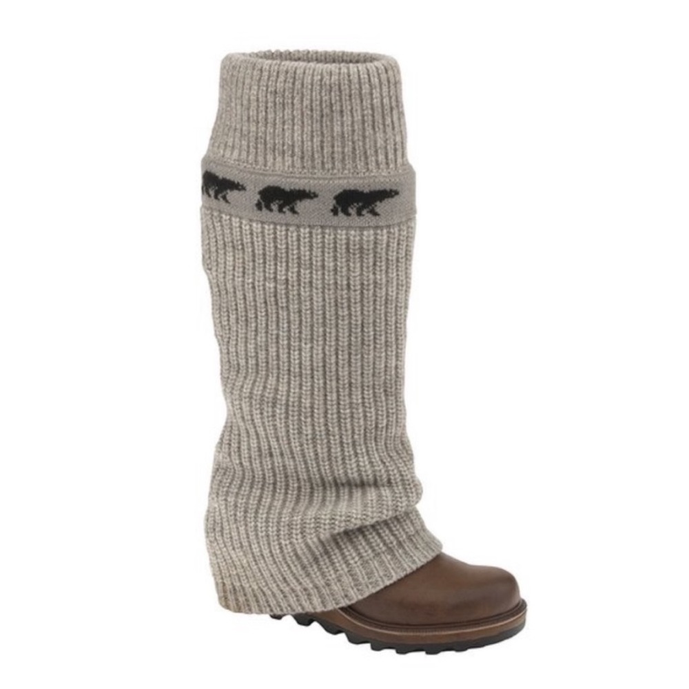SOREL CRAZY CABLE KNEE HIGH SWEATER LOGO BEAR BROWN LEATHER WEDGE WATERPROOF 10